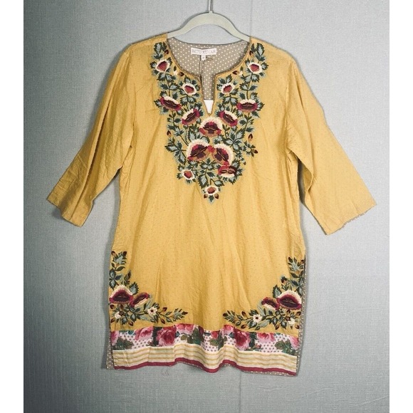RITU KUMAR Mini Dress Medium Shift Embroidered Floral Gold Yellow Side Slits NEW - Picture 3 of 11